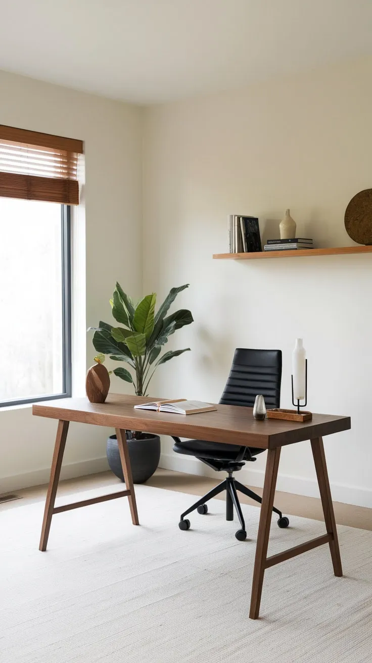 Clean lines and natural elements define this minimalist home office, creating a calm and productive workspace.