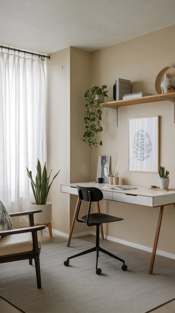 A serene beige-walled minimalist home office boasts a white desk, black chair, and subtle accents, creating a contemporary workspace.