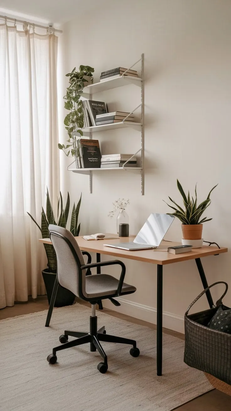 A simple desk, comfortable chair, and a few thoughtfully chosen items create a peaceful and productive minimalist home office.