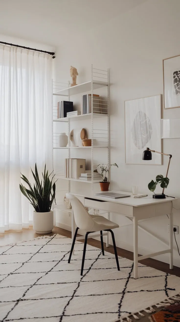 A serene white minimalist home office features a clean desk, curated shelving, and natural light enhancing productivity.