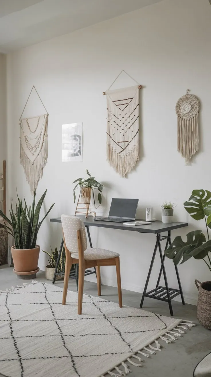 A serene minimalist home office boasts a modern design, featuring a clean workspace and subtle decor in a neutral palette
