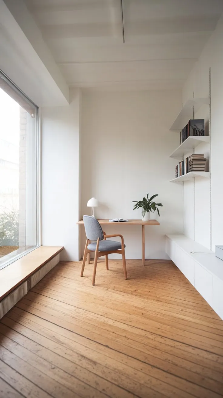 Natural light floods a serene minimalist home office, showcasing a wooden desk, simple chair, and sparse shelving in a clean and uncluttered space.