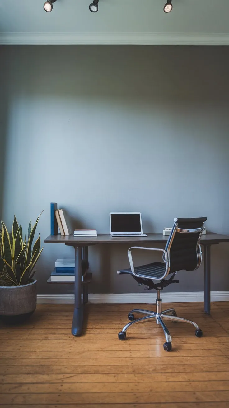 A serene grey-walled home office boasts a compact workspace with essential items, bathed in natural light and enhanced by a touch of greenery.