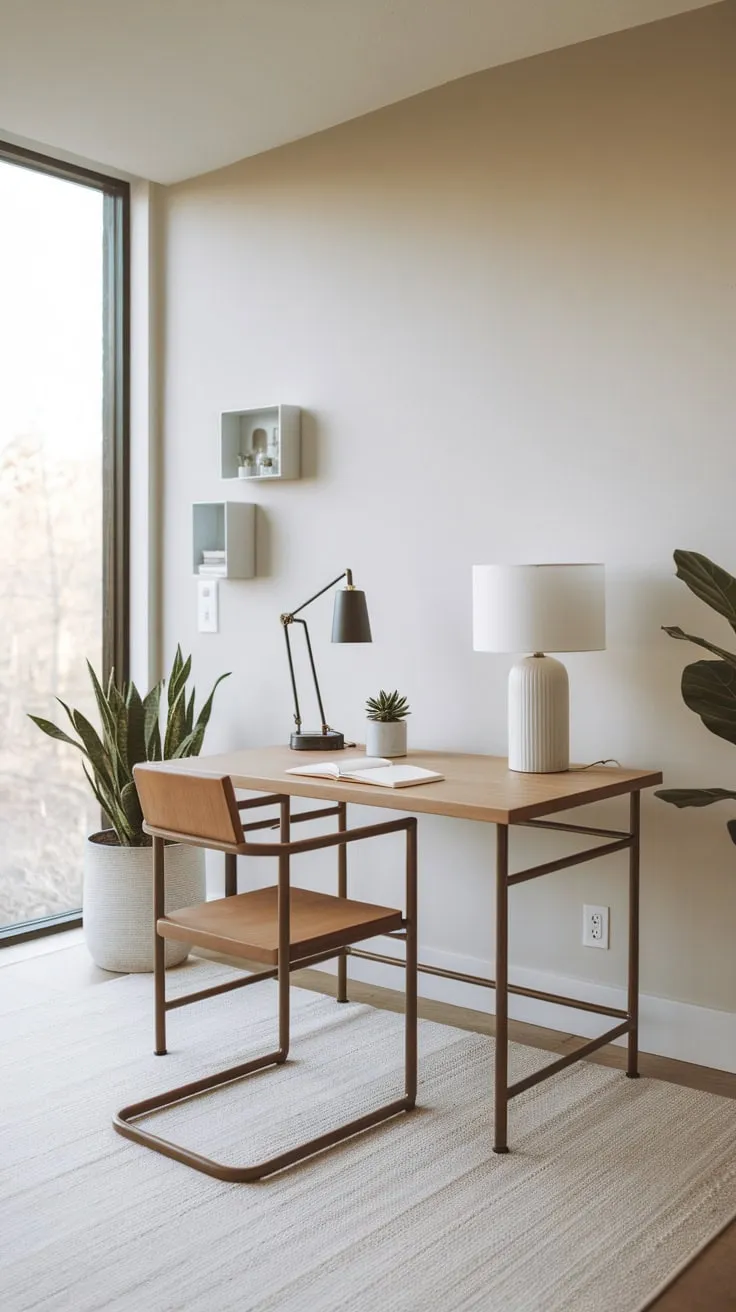 Sunlight streams into a minimalist home office featuring a sleek wooden desk, a few carefully chosen items, and a calming white backdrop.
