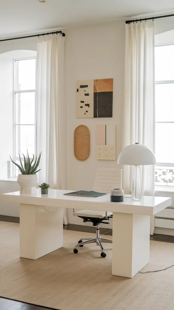 Simple elegance defines this minimalist home office, where a white desk and a few carefully chosen items maximize functionality and calm.