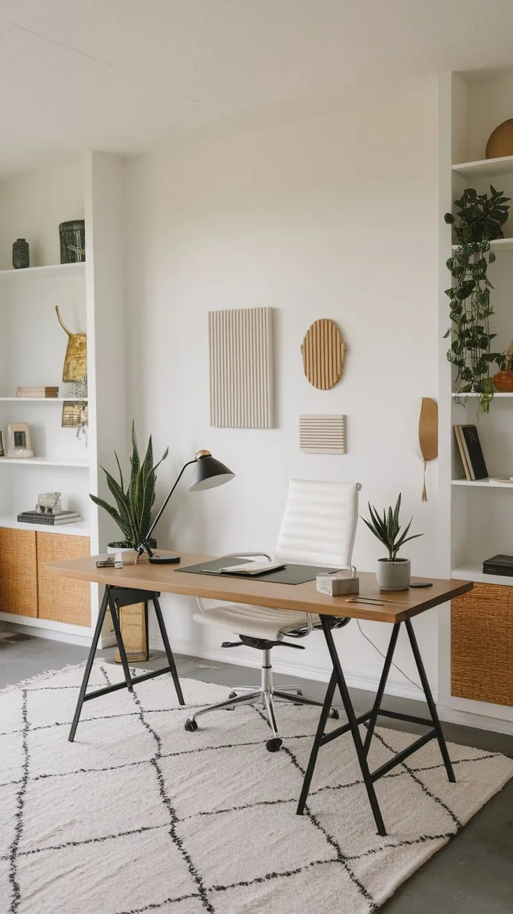 Clean lines and a few carefully chosen items create a serene minimalist home office.