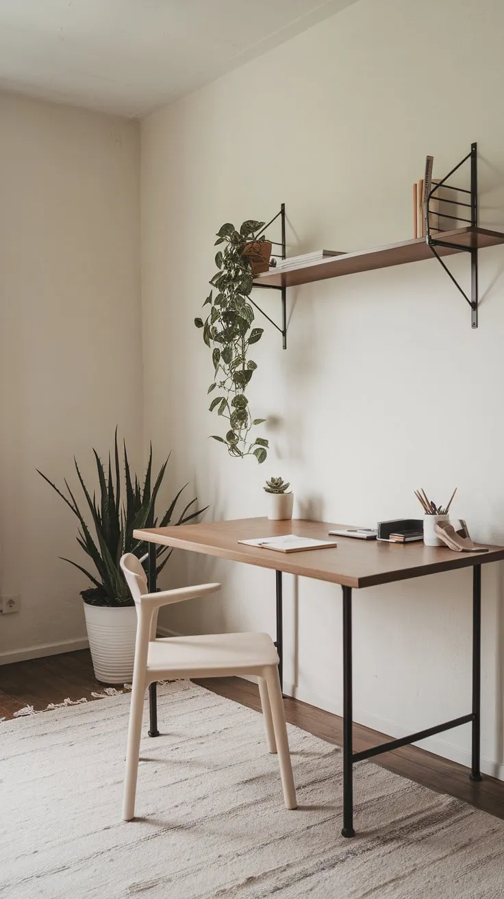 A simple desk, plant, and white walls define this peaceful minimalist workspace.