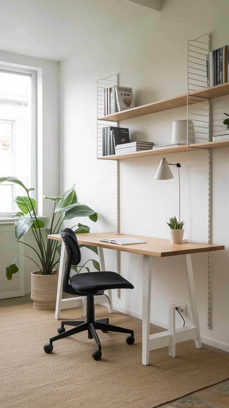 Clean lines and natural light define this minimalist home office, featuring a white desk, wooden accents, and a touch of greenery.