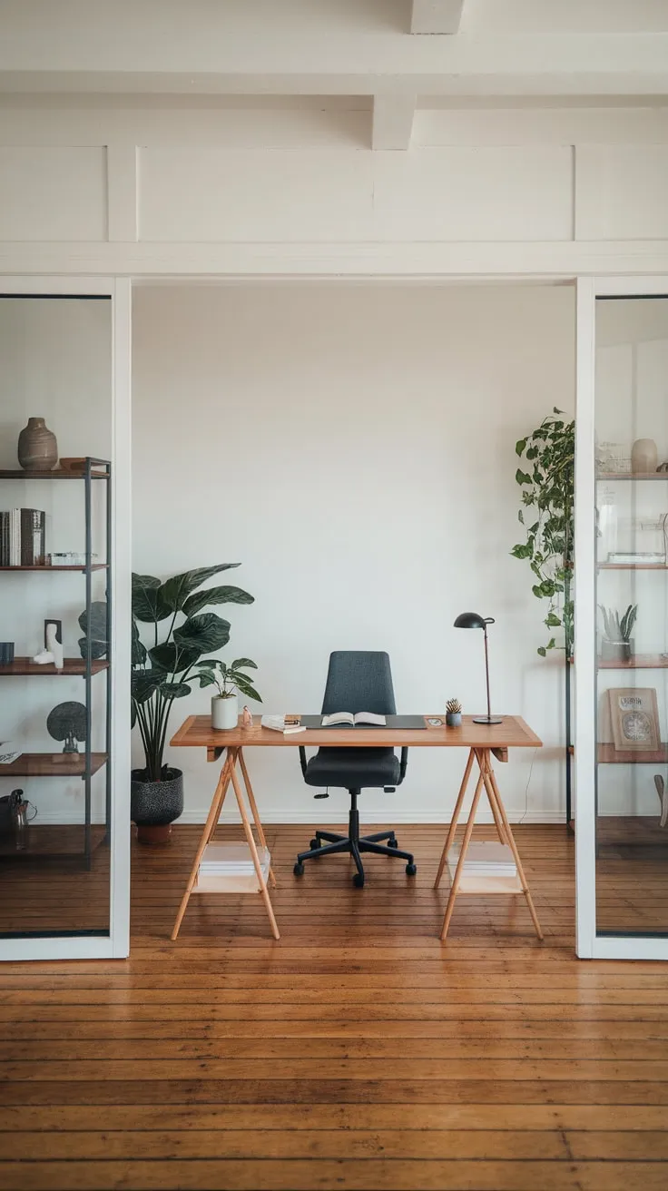 Clean lines and essential elements define this minimalist home office, creating a serene and productive workspace