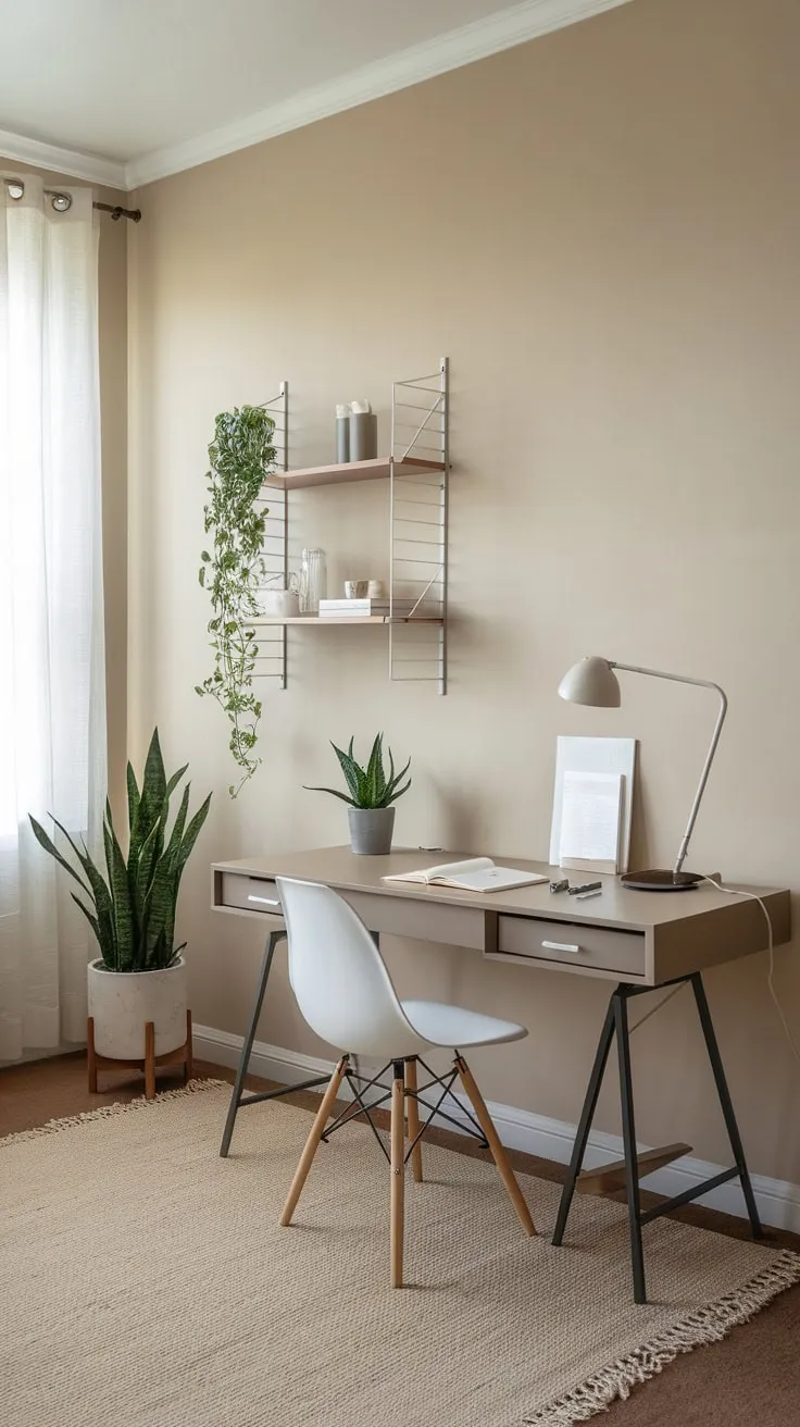 Natural light floods a minimalist home office featuring a simple desk, a few carefully chosen items, and calming beige tones.