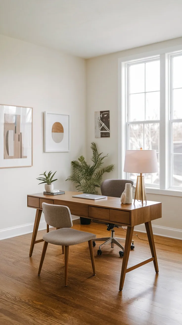 A serene, modern home office boasts a simple wooden desk, a few plants, and ample natural light.