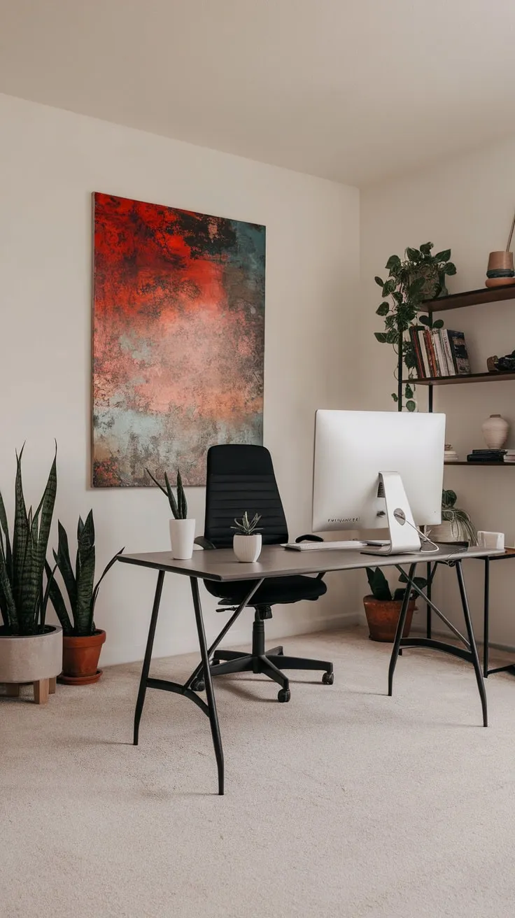 Soft lighting illuminates a simple workspace enhanced by a few carefully chosen plants and books.