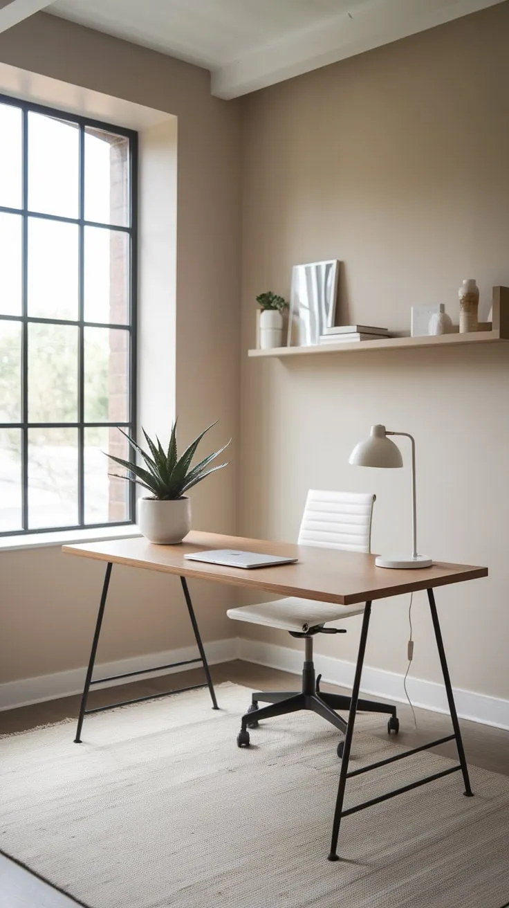 A modern, light-filled home office boasts a minimalist design with a wooden desk, neutral tones, and just enough to inspire productivity.