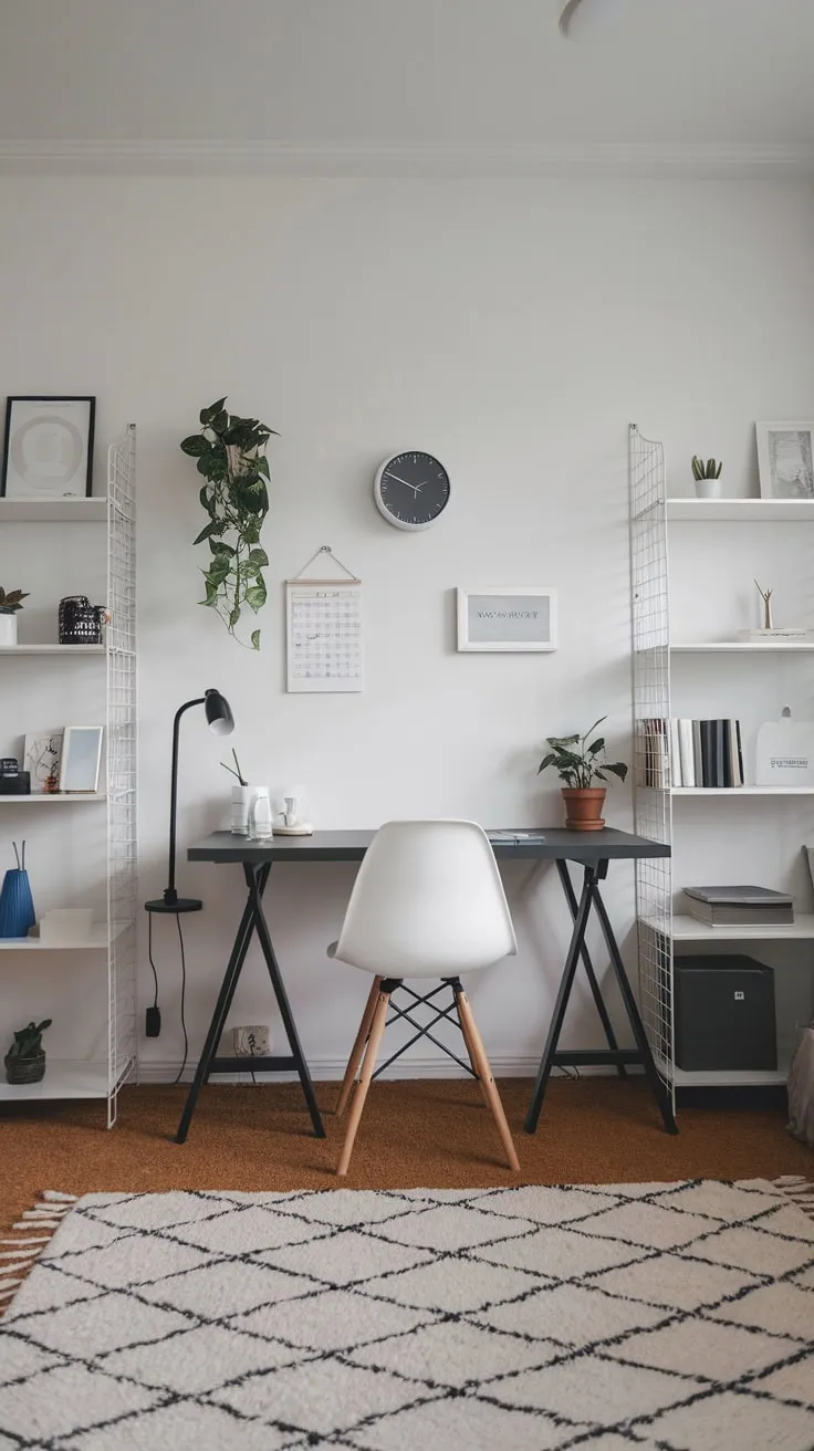 Simple elegance defines this minimalist home office, showcasing functionality and serenity.