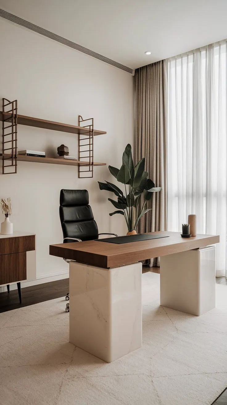 A haven of calm amidst the chaos. This minimalist home office, bathed in natural light, offers a serene environment for focused work. The simple elegance of the white desk and black chair, complemented by A touch of greenery, creates a space that inspires creativity and A sense of tranquility.