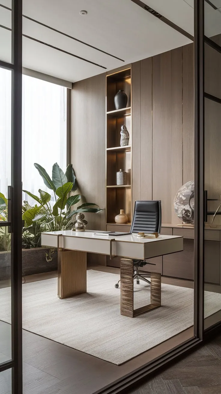 Find your focus in this serene minimalist home office. The natural light, warm wood tones, and carefully curated details create a space where productivity meets tranquility. A sanctuary for work and inspiration.