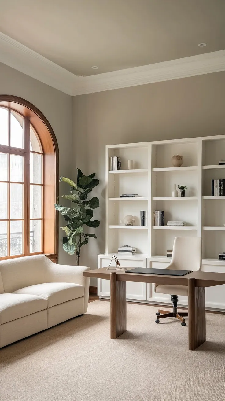 This minimalist home office redefines productivity. The neutral palette, punctuated by the rich wood tones and a touch of greenery, fosters a calm and inspiring atmosphere. A space where creativity thrives, seamlessly integrating work and well-being.