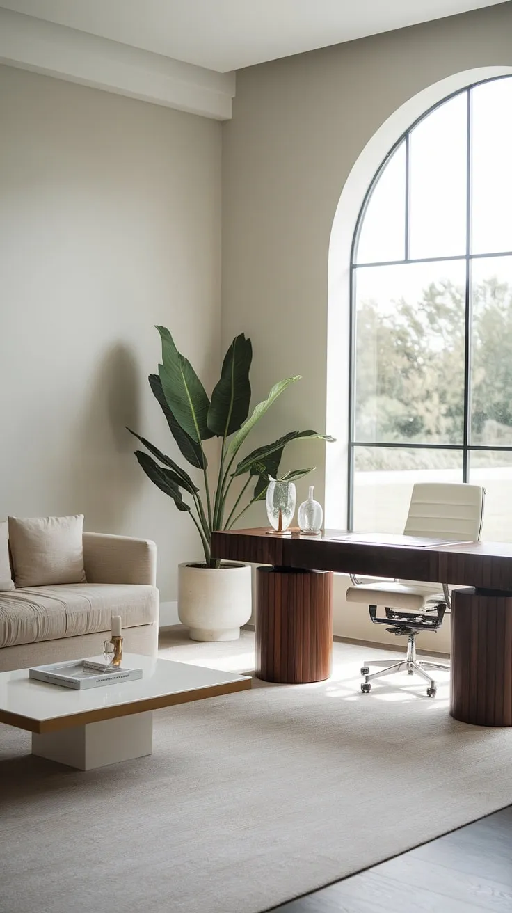 This minimalist home office redefines elegance. The neutral palette, punctuated by natural light and greenery, creates a sophisticated and calming atmosphere. A space where work and well-being effortlessly coexist.