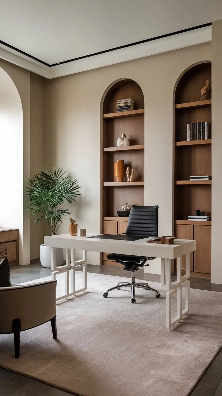 This luxurious yet minimalist home office is the epitome of modern design. The neutral palette, natural light, and carefully chosen accents create a serene and inspiring environment perfect for focused work. A space where comfort meets efficiency.