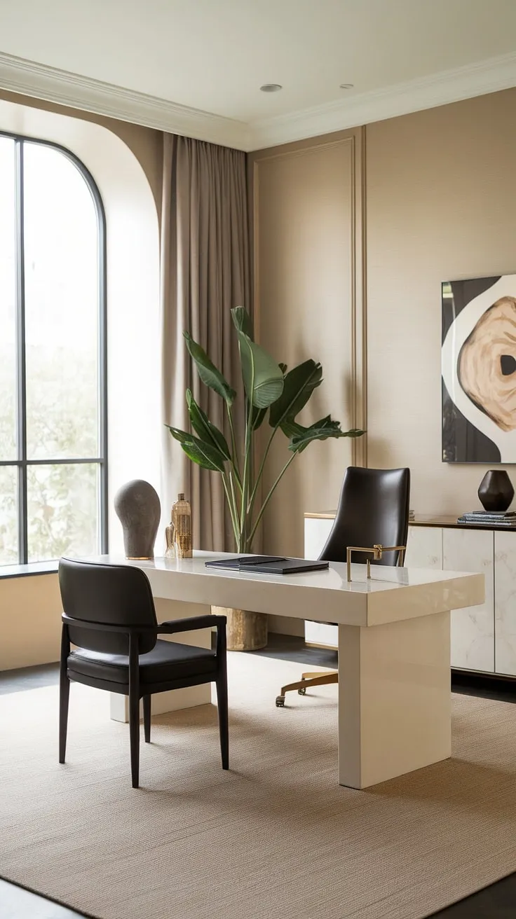 This luxurious home office is the epitome of modern design. The spacious room, bathed in natural light from the large window, offers a calming and inspiring environment for work. A simple yet elegant setup, with a white desk, black chair, and a few carefully selected decorative items, makes this the ideal place to focus and thrive.