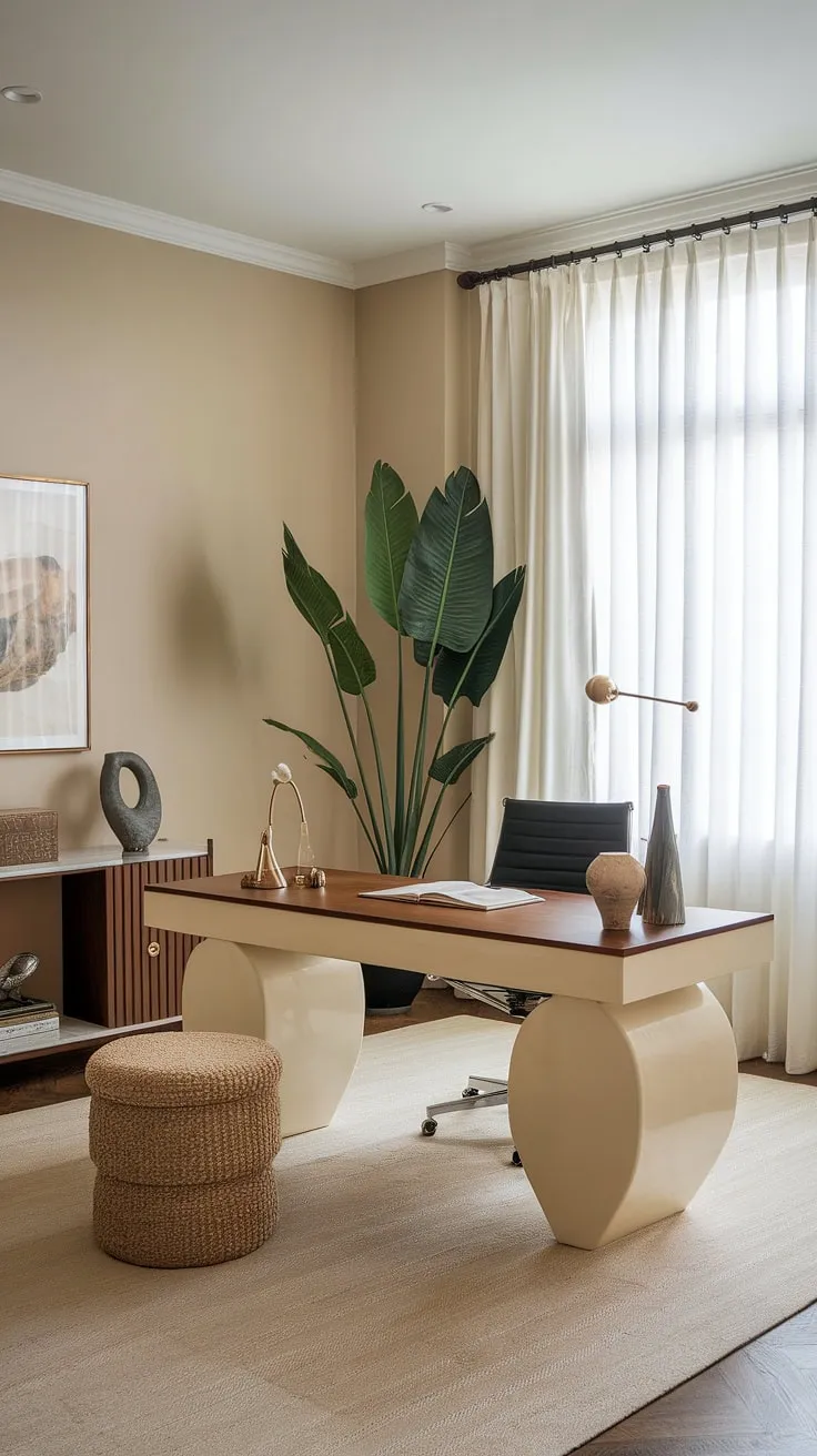 Serene workspace, effortlessly blending minimalist design with luxurious comfort. The natural light and carefully chosen accents create a haven for productivity. A sanctuary for focused work, a testament to refined living.