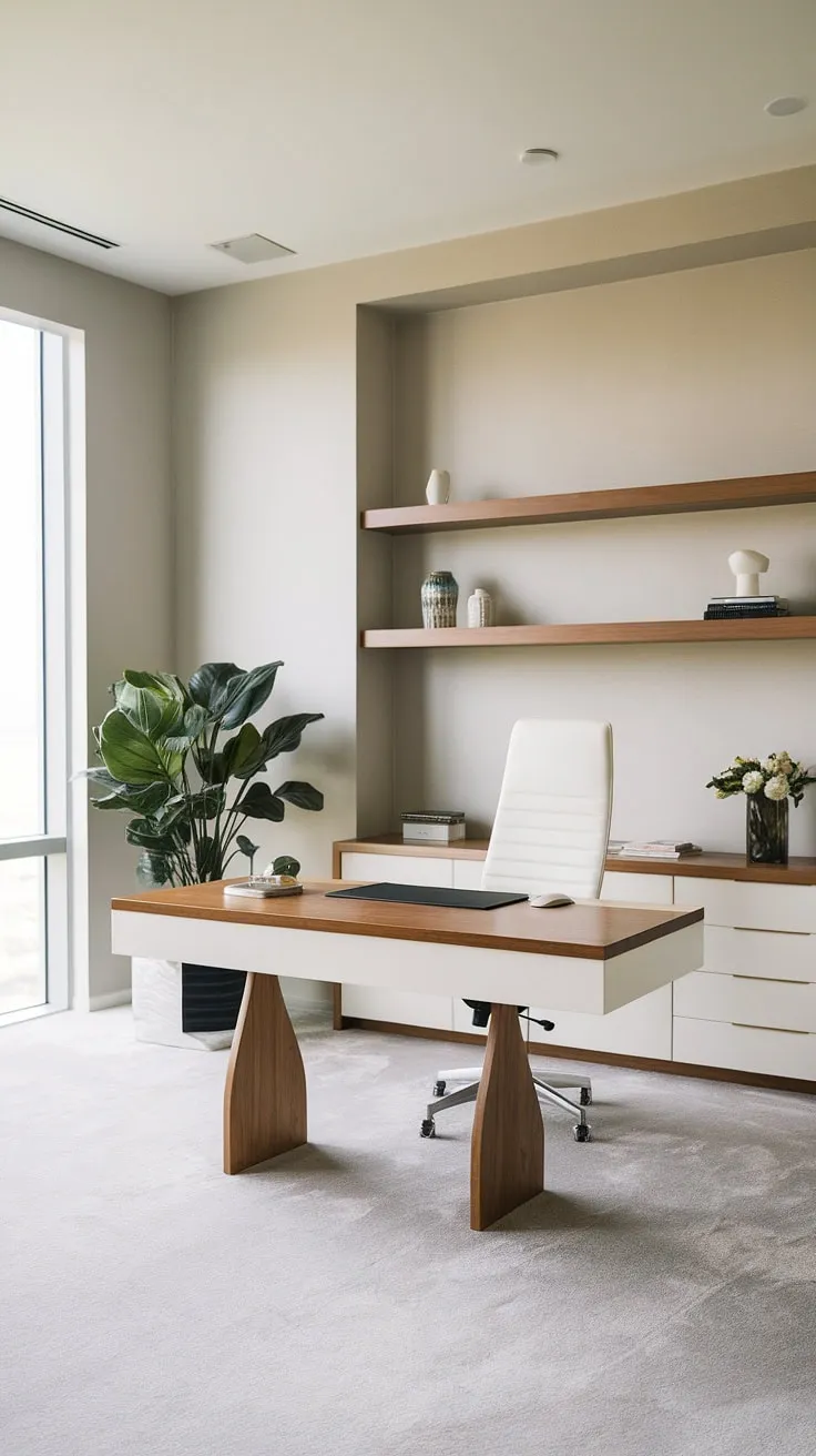 Clean lines, natural light, and a touch of green create the perfect atmosphere for focused work in this minimalist home office. The luxurious details, like the wooden desk and shelving, add warmth and sophistication to the space.