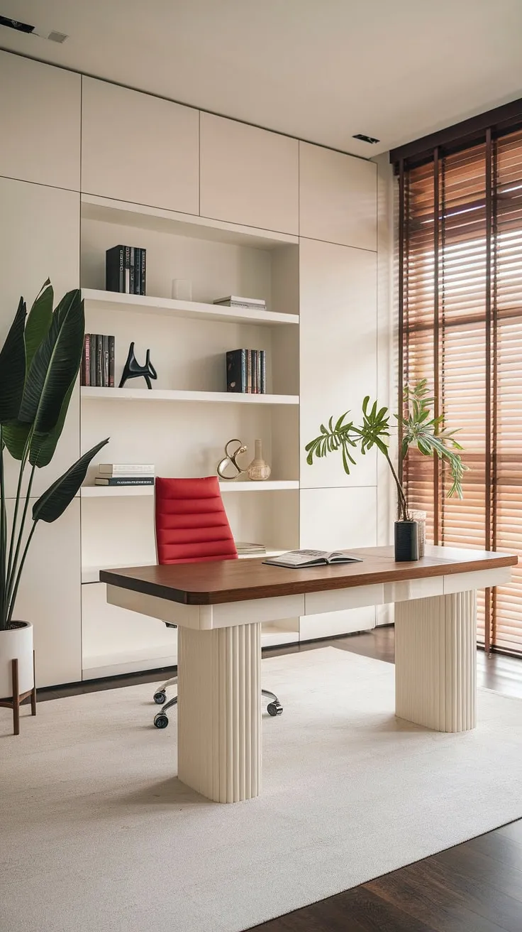 A minimalist haven designed for focused productivity. The clean lines, natural wood accents, and vibrant pops of color create a workspace that inspires both creativity and calm. This is where dreams are built.