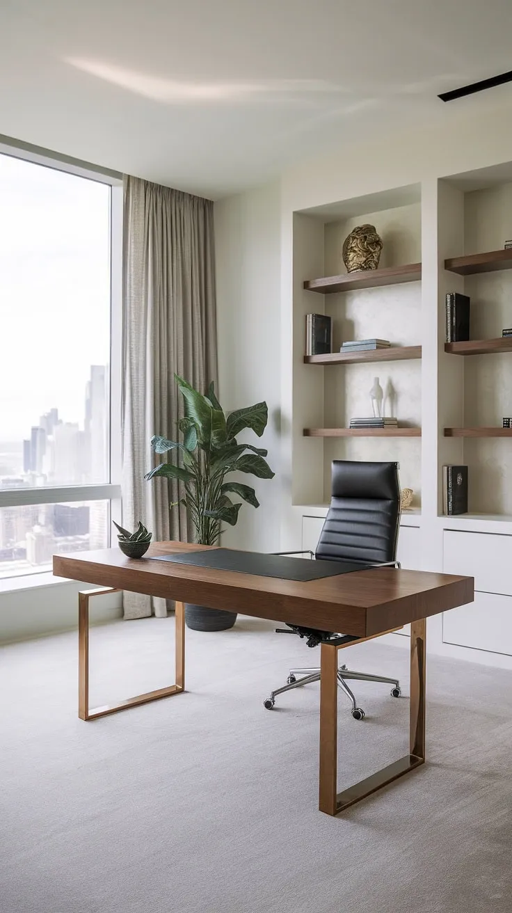 Where minimalist design meets breathtaking city views. This home office, bathed in natural light, provides the perfect sanctuary for focused work and inspired creativity. A calming space to cultivate success.
