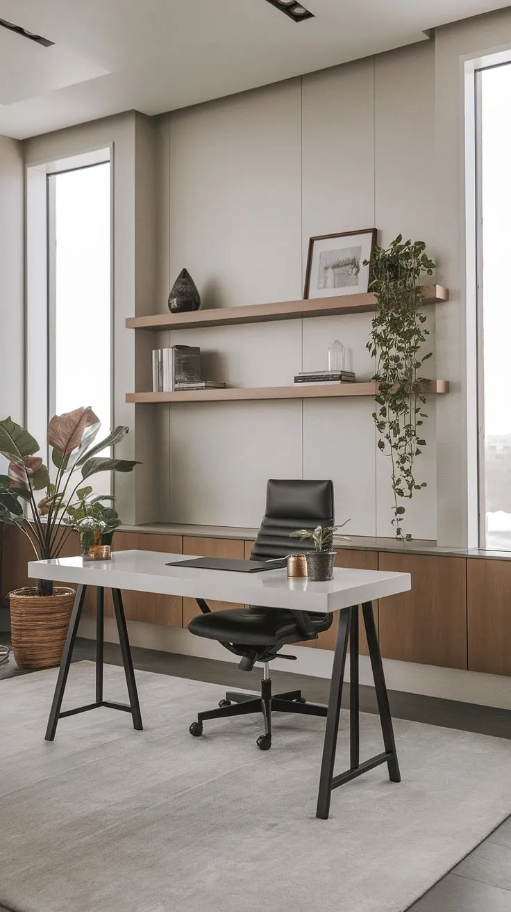 Serene workspace, effortlessly blending minimalist design with luxurious comfort. The soft grey palette and natural light create a haven for focused work, enhanced by carefully chosen accents. A perfect blend of form and function.