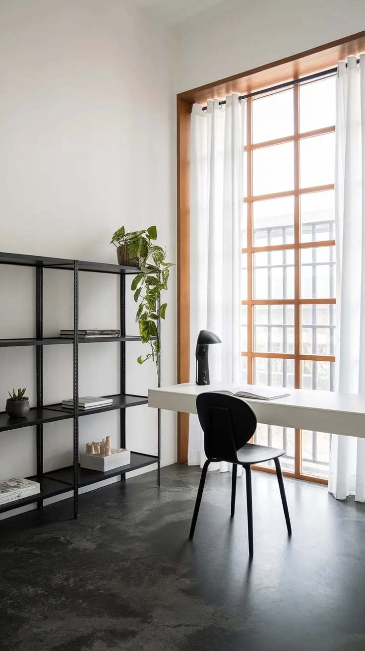 A sanctuary of serenity and efficiency. This minimalist home office design seamlessly integrates functionality and aesthetics. The contrast between the black accents and white surfaces creates a visually striking space, while the large window and strategically placed greenery ensure a bright and inspiring workspace. The dark grey concrete floor grounds the design, adding a touch of modern sophistication.