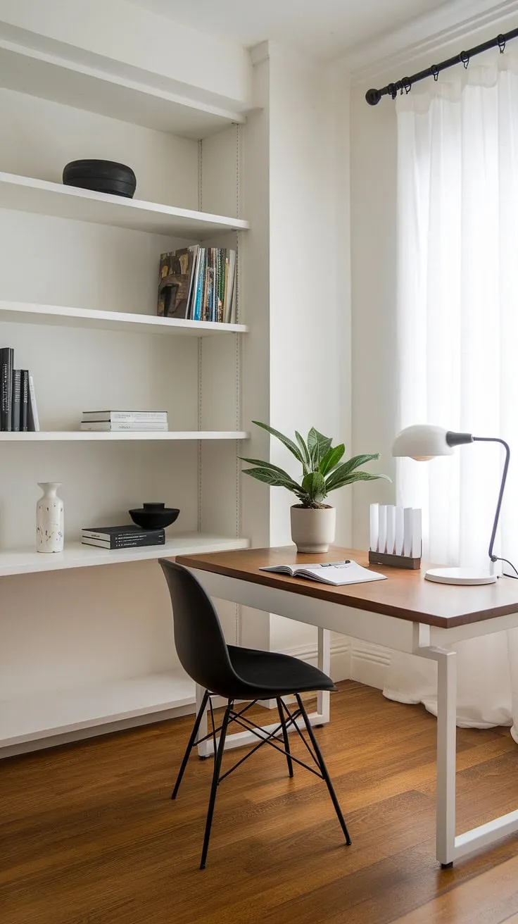 Clean lines, calm energy. This minimalist home office, bathed in natural light, is the perfect space for focused work. The blend of white and wood creates a serene atmosphere, while carefully curated details-like the potted plant and sleek desk organizer-add a touch of personality. A sanctuary for productivity.