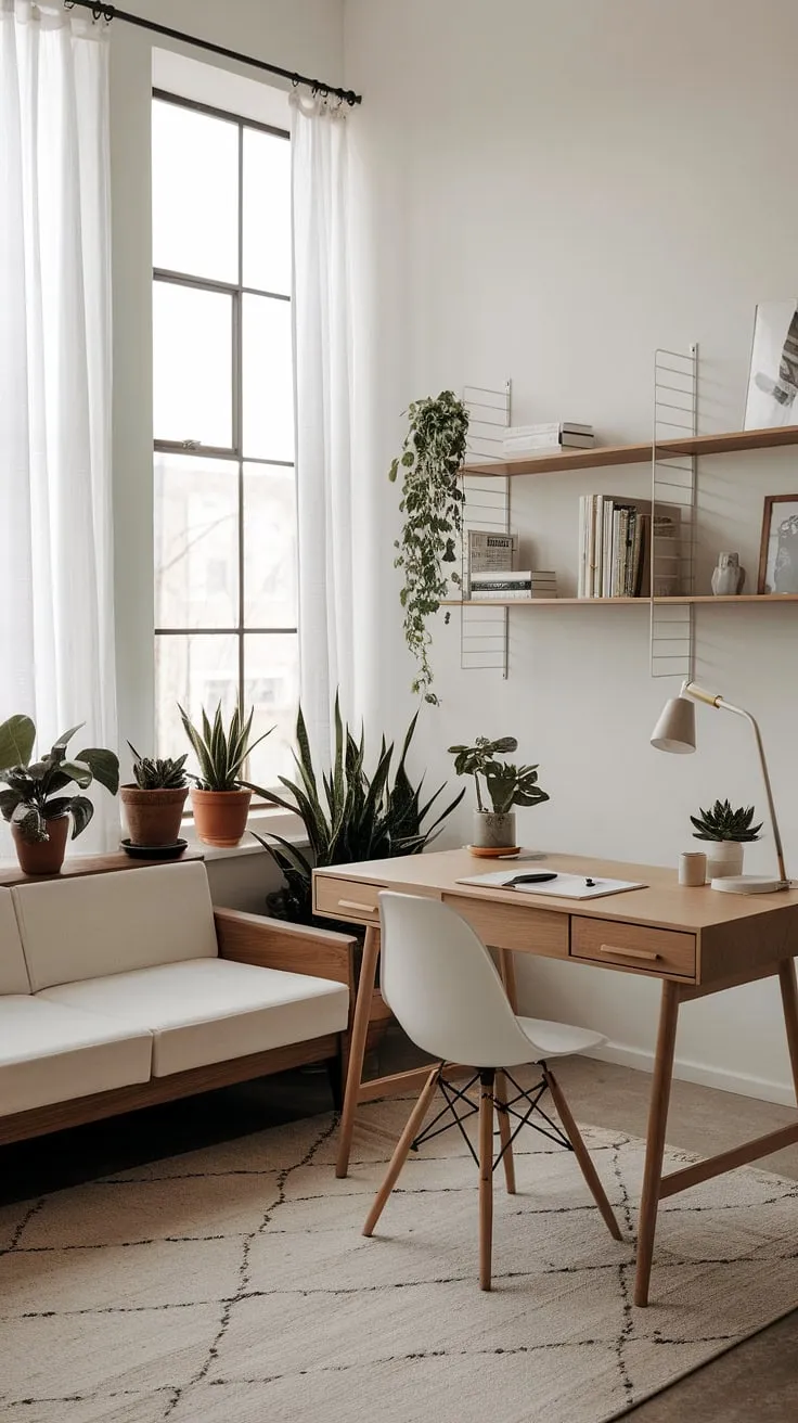 Sunlight streams through the large windows, illuminating this minimalist home office. The clean lines of the wooden desk and white sofa create a serene workspace, perfectly complemented by the potted plants and carefully curated bookshelves. A haven for focused work and quiet contemplation.