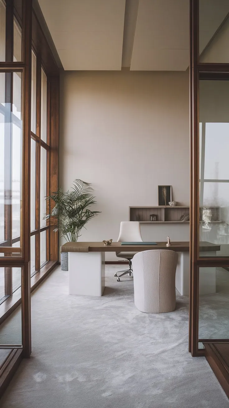 A haven of tranquility and efficiency. This meticulously designed home office boasts a sophisticated aesthetic, blending natural wood tones with crisp white accents. The ample natural light and calming atmosphere foster creativity and well-being, making it the ideal space for achieving peak performance. A testament to thoughtful design and refined living.