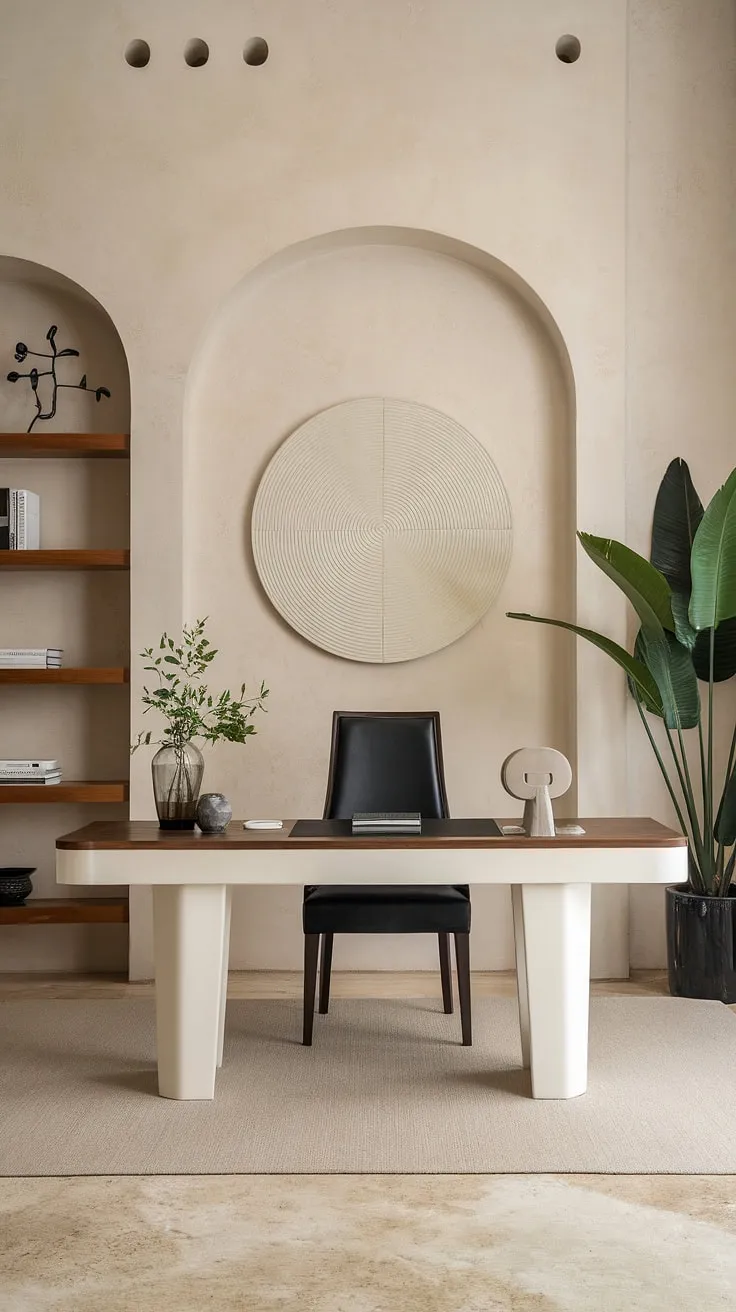 Serene workspace, minimalist design, and a touch of nature. The neutral palette and clean lines create a haven for focused work, reflecting a sophisticated and calming a aesthetic.
