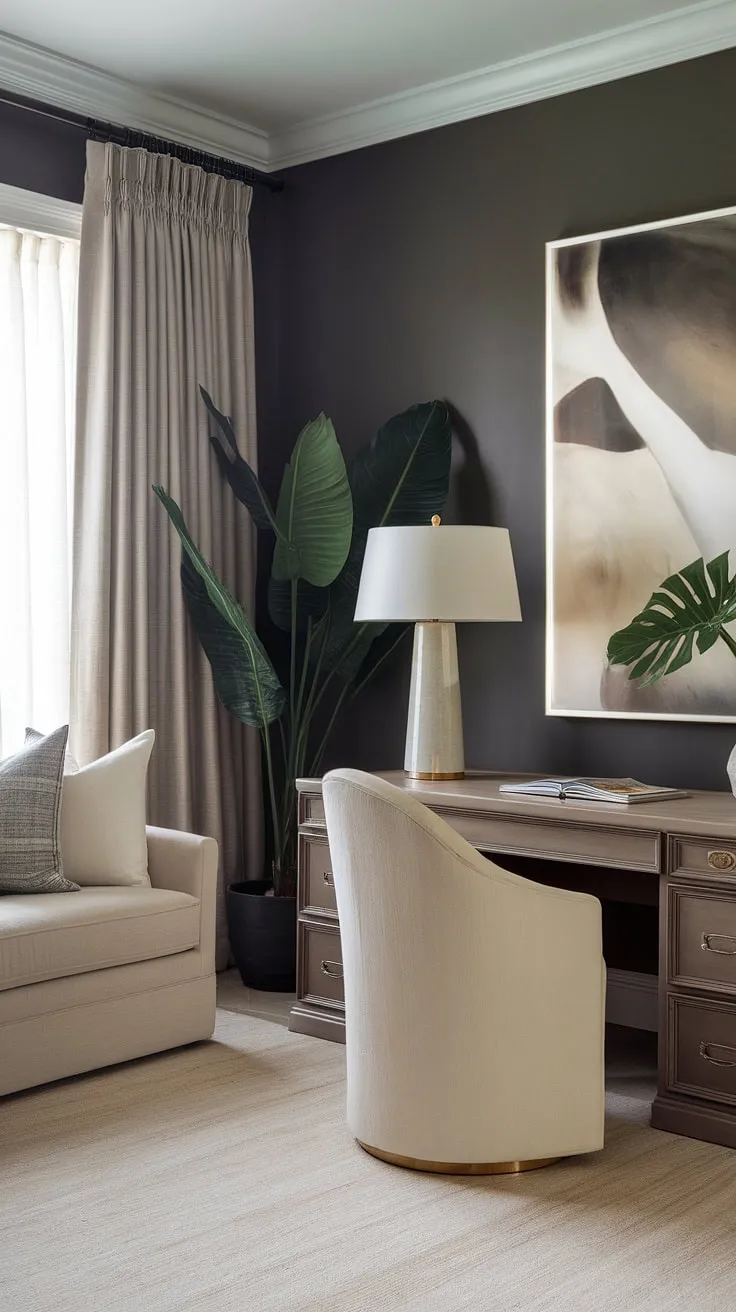 Escape the ordinary. This dream home office, bathed in soft light and featuring a sophisticated color palette, offers a haven for focused work. The minimalist design, punctuated by carefully chosen textures and a touch of greenery, creates an environment conducive to both productivity and relaxation. A space where ambition thrives.