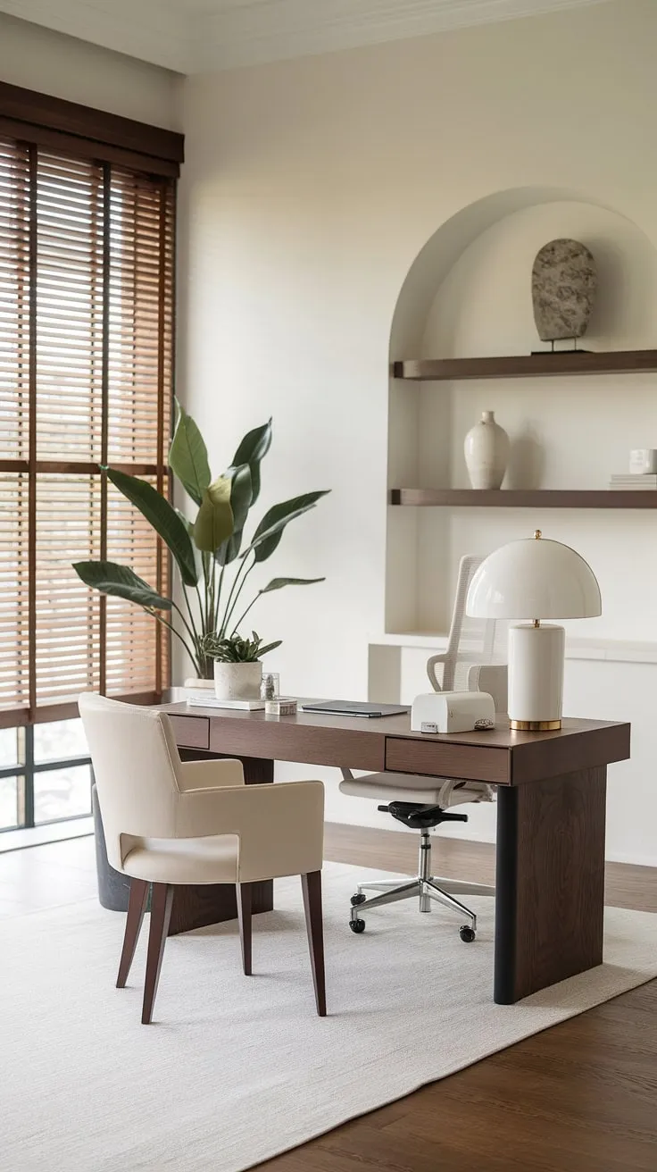 Clean lines, warm wood, and soft light define this elegant home office. A space designed for both comfort and efficiency, it seamlessly blends functionality with a sophisticated aesthetic, fostering a productive and inspiring environment.