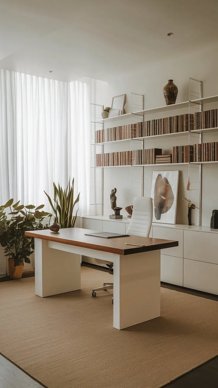 A sanctuary of calm and productivity. This minimalist home office, bathed in natural light, seamlessly blends functionality with luxurious design. The carefully curated details, from the sleek white desk to the thoughtfully placed greenery, create a space where inspiration thrives. A sense of serenity permeates every corner, fostering focus and creativity.