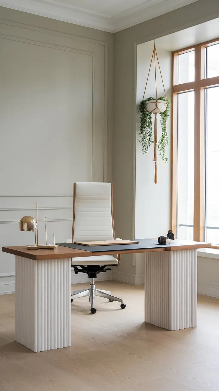 Serene workspace, effortlessly blending minimalist design with luxurious comfort. The soft gray walls and natural wood accents create a calming atmosphere perfect for focused work. A haven of productivity and tranquility.