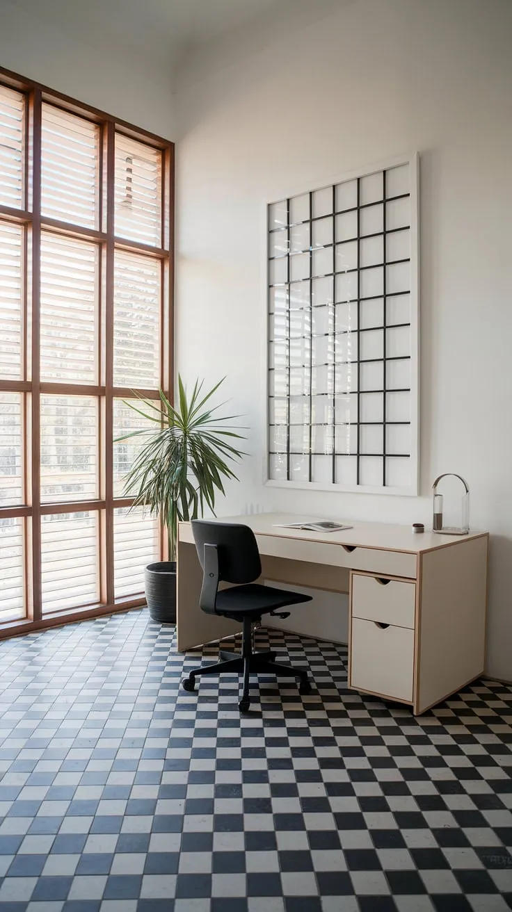 Clean lines, functional design, and a touch of nature-this minimalist home office is the perfect blend of style and productivity. The black and white checkerboard floor adds a playful contrast to the otherwise serene space, while the large window allows for ample natural light. A perfect workspace for focused work and creative inspiration.