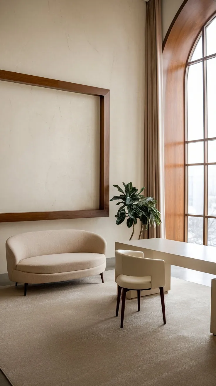 This minimalist home office redefines sophisticated functionality. The clean lines, neutral palette, and carefully chosen accents-like the potted plant and the rich wood shelving-create a space that is both inspiring and calming. A true testament to elegant simplicity.