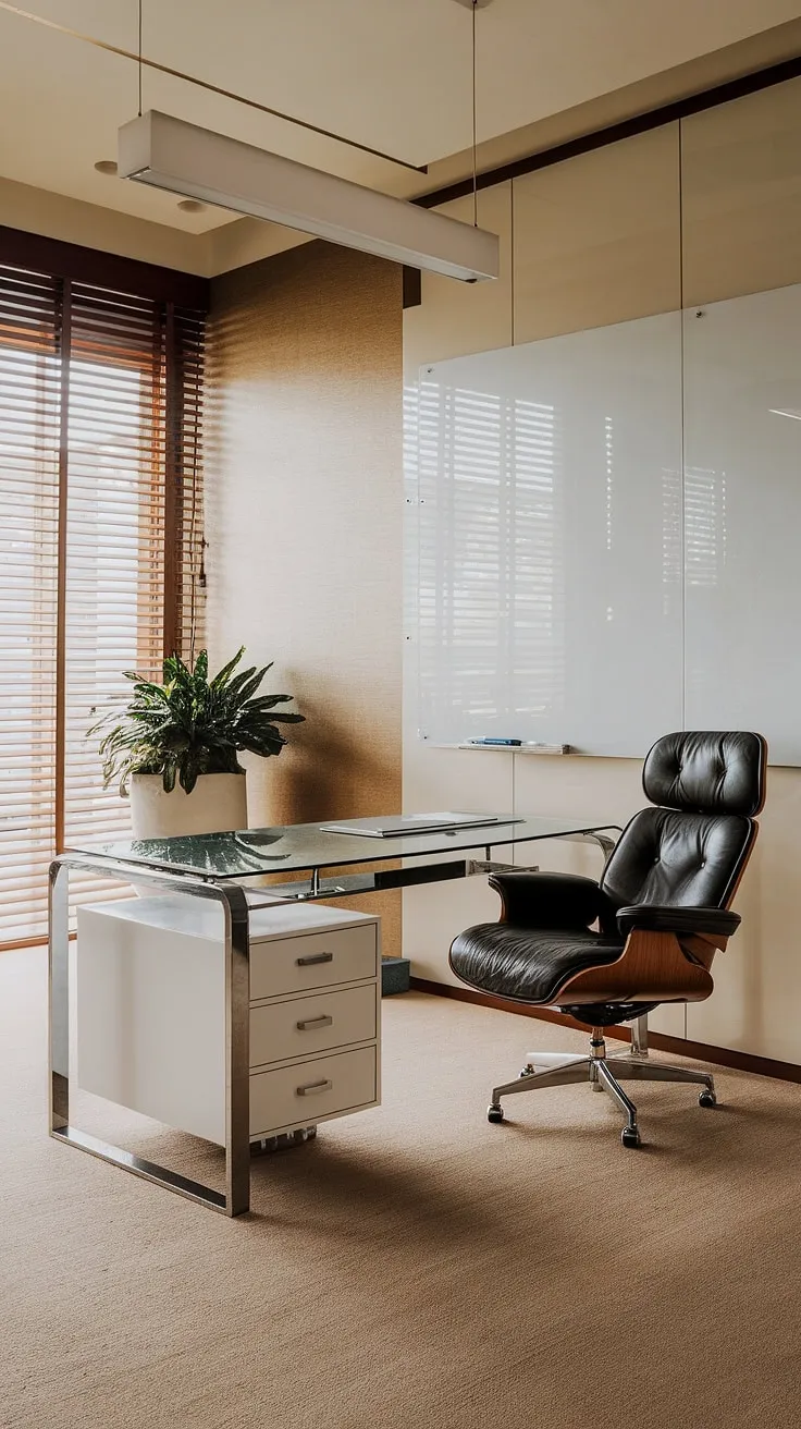 Effortless elegance defines this minimalist home office. The sleek white desk, paired with a classic Eames chair and a large whiteboard, creates a workspace that's both inspiring and functional. A touch of greenery adds a calming element to this luxurious sanctuary. A perfectly balanced blend of form and function.