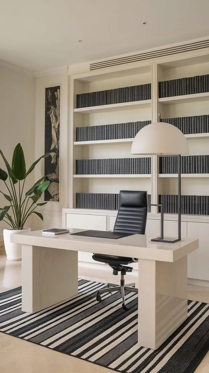 A sanctuary of calm and focused energy, this minimalist home office seamlessly blends functionality with understated elegance. The neutral palette, punctuated by carefully curated black and white accents, creates a space where inspiration flows freely. A perfect blend of form and function, it's a testament to the power of simplicity.