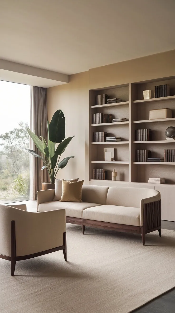 Find your focus in this serene home office, where minimalist design meets unparalleled comfort. The natural light streaming through the large window, coupled with the warm beige tones and the calming presence of the greenery, creates a space perfectly designed for productivity and relaxation. A sense of calm pervades every detail.