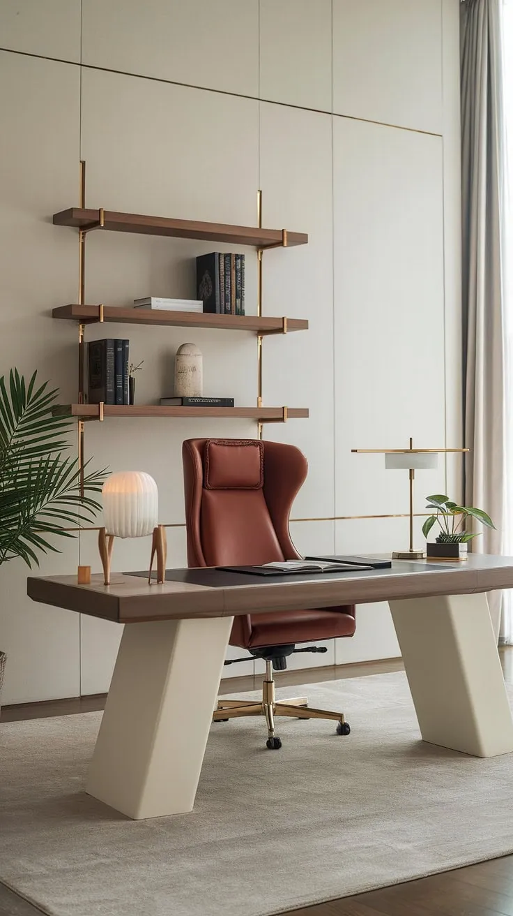A sanctuary of calm and productivity. This minimalist home office, with its luxurious leather chair and warm wood accents, provides the perfect environment for focused work and creative inspiration. The carefully curated details, from the sleek desk to the thoughtfully placed plant, create a space that is both functional and aesthetically pleasing.