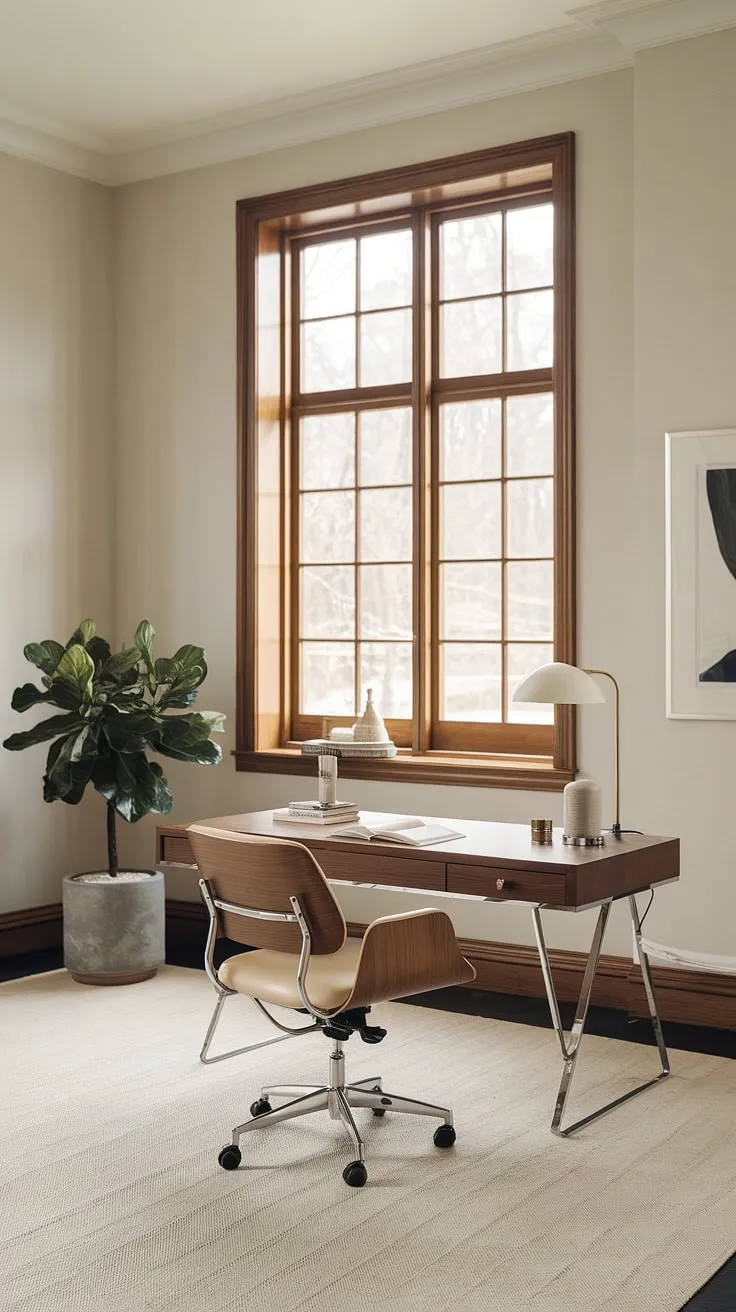 Sunlight streams through the large window, illuminating the minimalist elegance of this home office. The mid-century modern desk, paired with a comfortable wooden chair, creates a workspace that's both stylish and functional. A simple yet luxurious space designed for focused productivity.