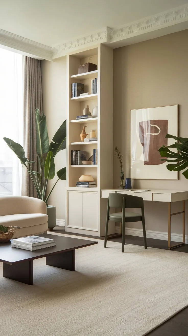 Sunlight streams into this minimalist home office, illuminating the calming beige palette and luxurious textures. The dark wood coffee table anchors the space, while the vibrant green chair adds a pop of color against the white bookshelf and desk. A haven for focused work and quiet contemplation.