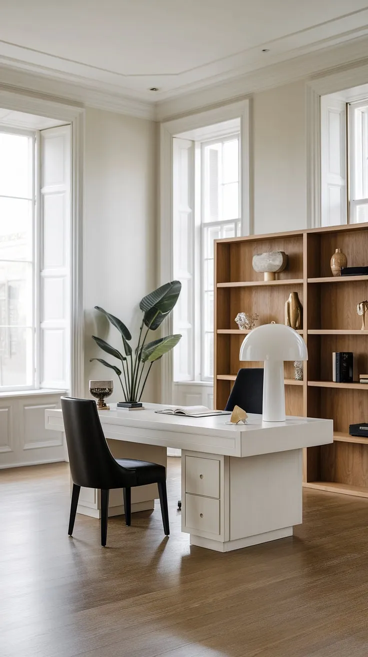 This airy, modern home office boasts a luxurious feel, achieved through clean lines, natural light, and carefully chosen accents. The built-in desk and minimalist shelving create a workspace that's both stylish and efficient.