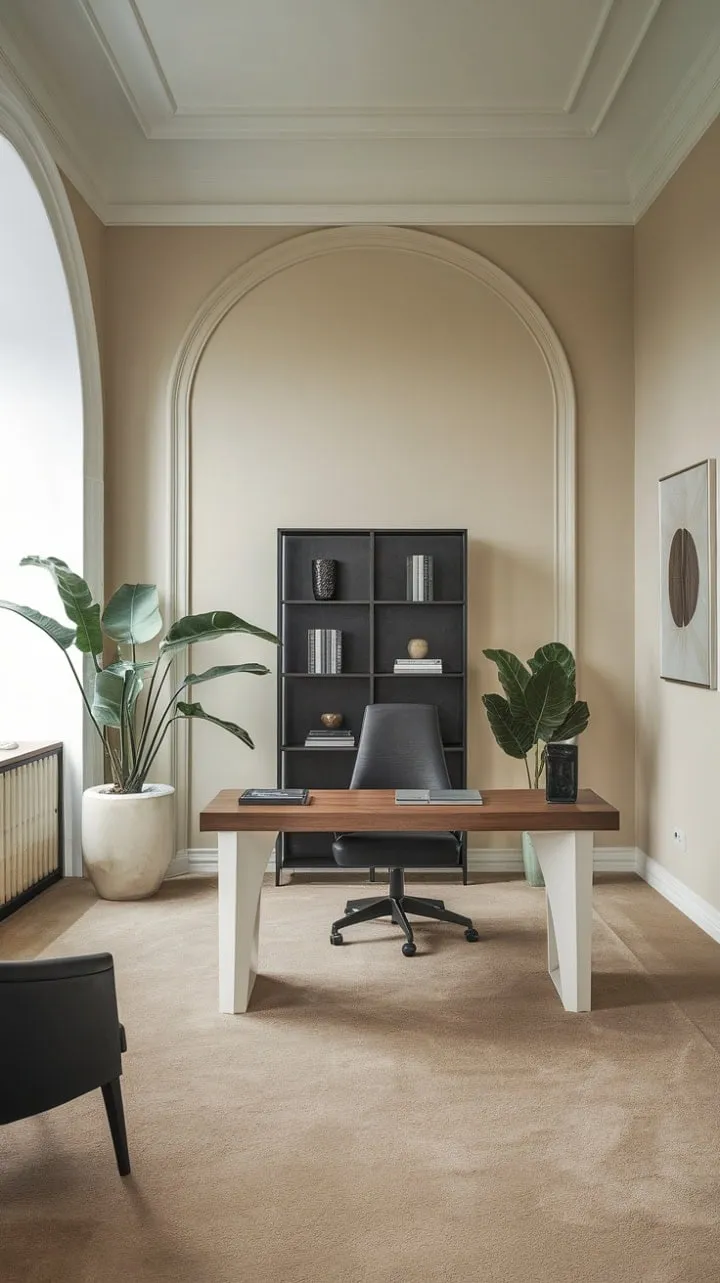 This serene workspace harmoniously combines minimalist design with warm wood and vibrant greenery, fostering both focus and creativity.