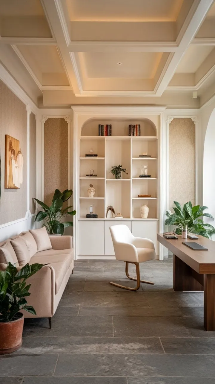 This minimalist home office blends sophisticated style with calming beige tones and sleek lines, creating a tranquil sanctuary that inspires productivity.