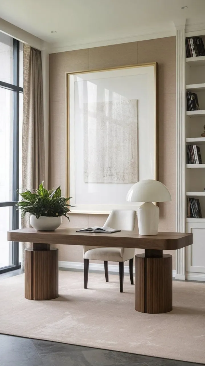 This minimalist home office embodies the elegance of simplicity, blending spaciousness and serenity to create an inspiring hub for productivity.